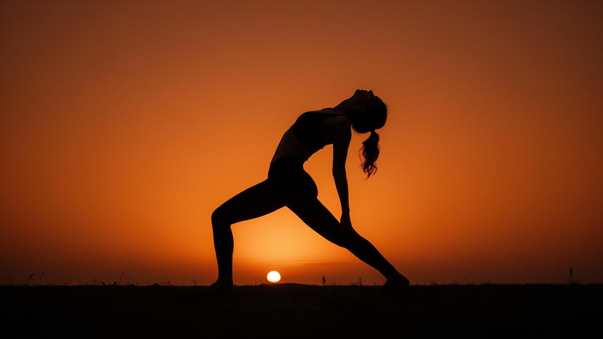 Silhueta de mulher em prática de yoga ao pôr do sol